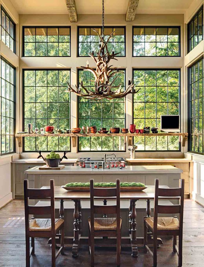 Kitchen with large windows