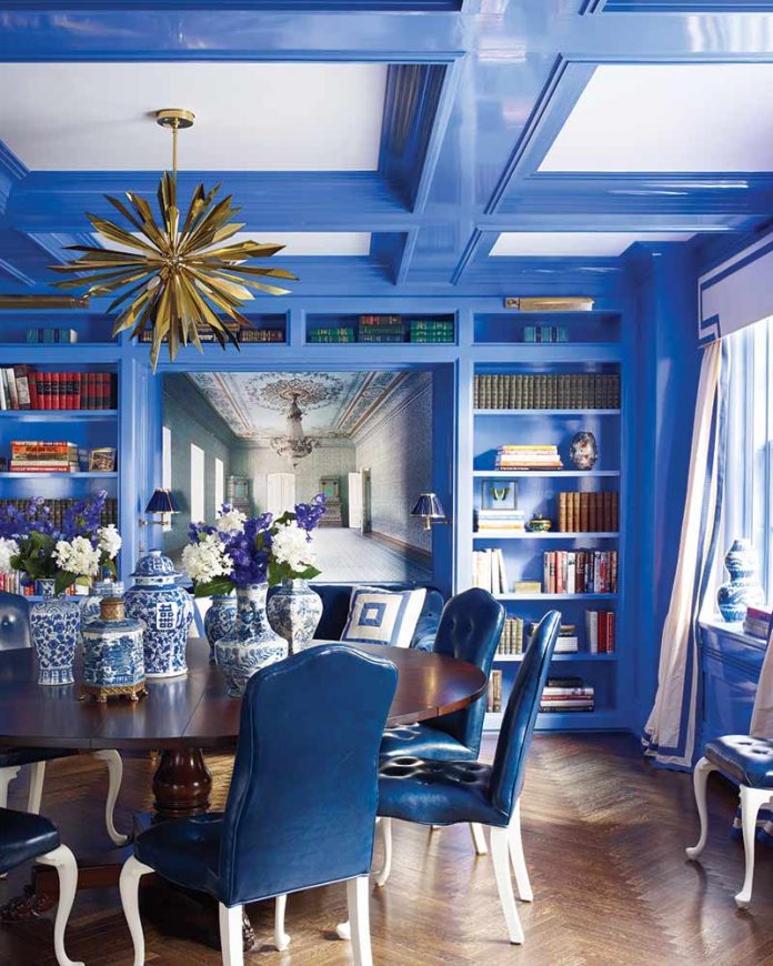 blue high-gloss painted dining room