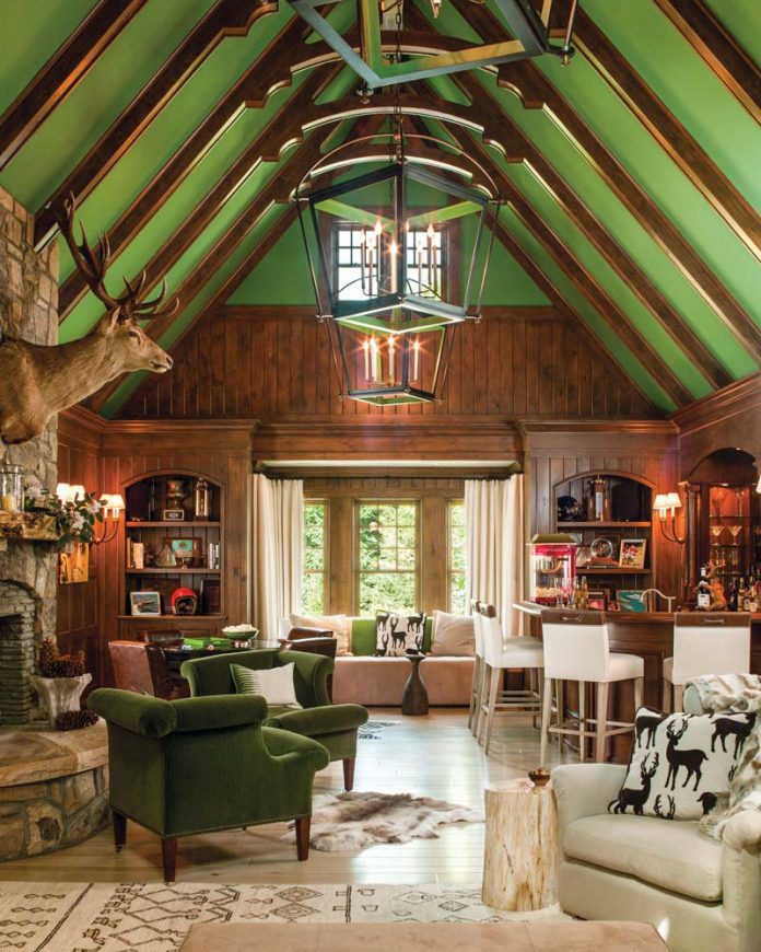 green ceiling in mountain lodge living room